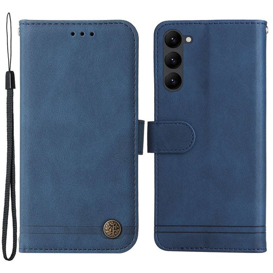 For Samsung Galaxy S23 Scratch-resistant Flip Leather Wallet Case Stand Tree Pattern Metal Button Lines Imprinted Skin-touch Protective Phone Cover with Strap - Blue