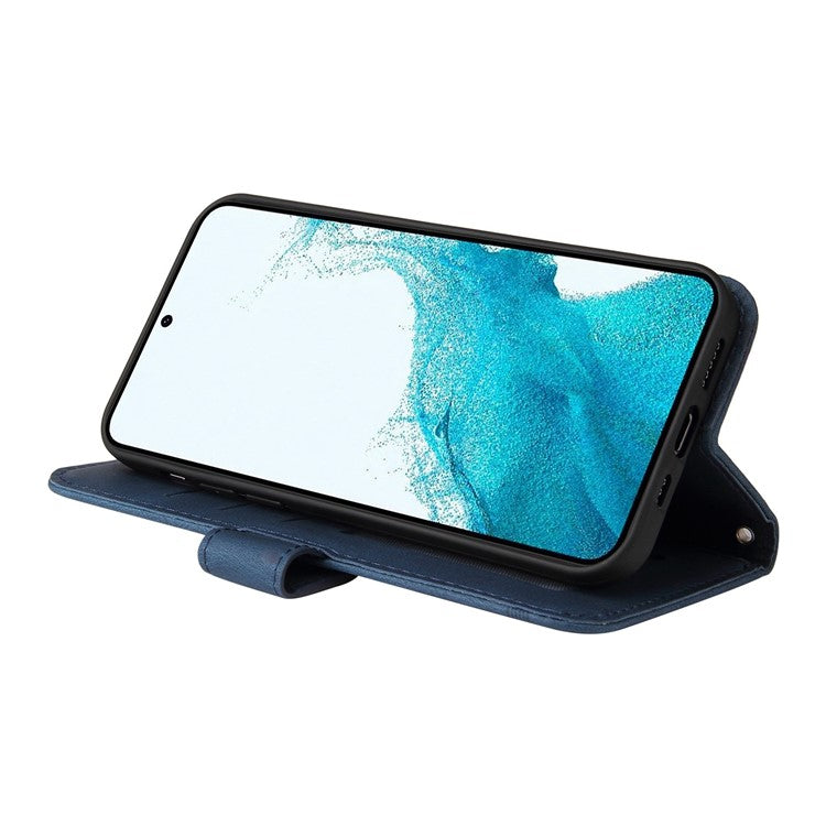 For Samsung Galaxy S23 Scratch-resistant Flip Leather Wallet Case Stand Tree Pattern Metal Button Lines Imprinted Skin-touch Protective Phone Cover with Strap - Blue