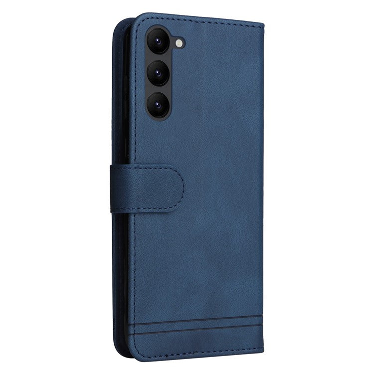 For Samsung Galaxy S23 Scratch-resistant Flip Leather Wallet Case Stand Tree Pattern Metal Button Lines Imprinted Skin-touch Protective Phone Cover with Strap - Blue