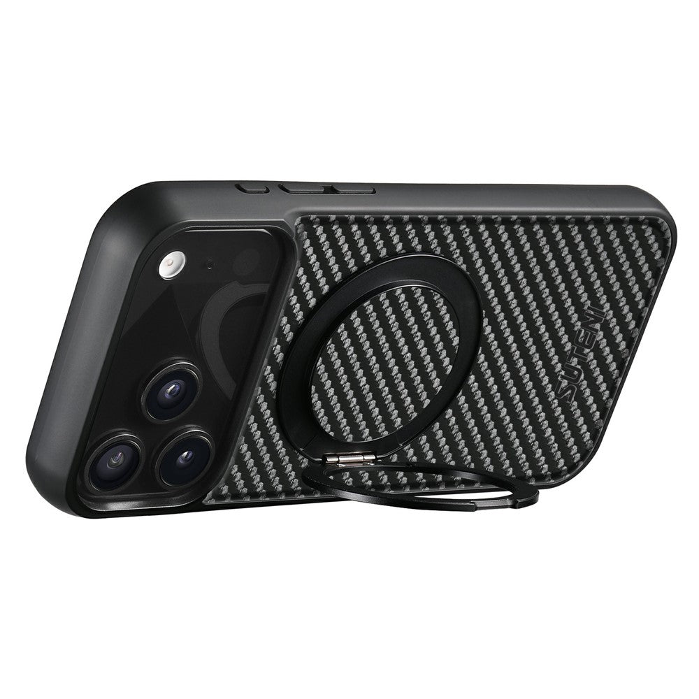 SUTENI G3 For iPhone 17 Pro Max Magnetic Case Rotating Kickstand Carbon Fiber Texture Leather Phone Back Cover