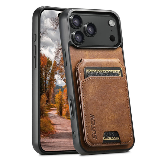 SUTENI H02 For iPhone 17 Pro Max Case Waxy Texture Leather + TPU Card Slots Kickstand Phone Cover - Brown