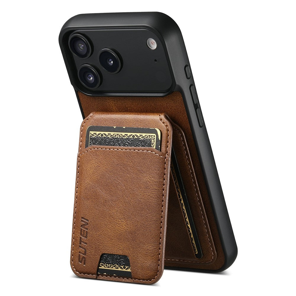 SUTENI H02 For iPhone 17 Pro Max Case Waxy Texture Leather + TPU Card Slots Kickstand Phone Cover - Brown