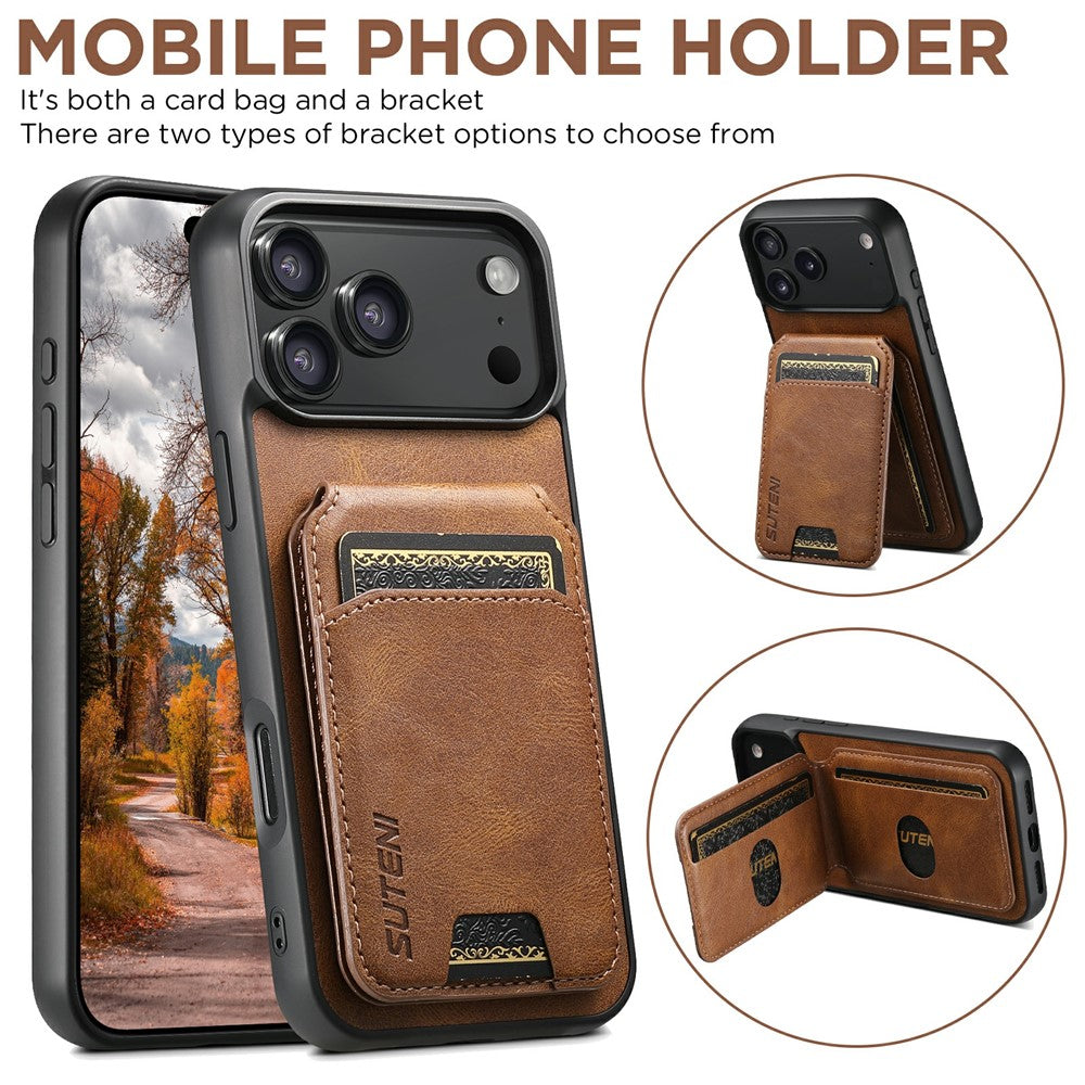 SUTENI H02 For iPhone 17 Pro Max Case Waxy Texture Leather + TPU Card Slots Kickstand Phone Cover - Brown