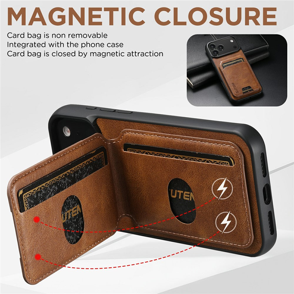 SUTENI H02 For iPhone 17 Pro Max Case Waxy Texture Leather + TPU Card Slots Kickstand Phone Cover - Brown