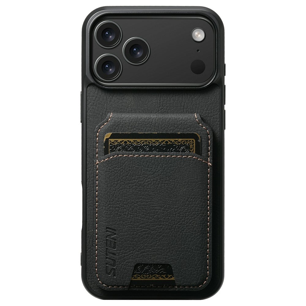 SUTENI H02 For iPhone 17 Pro Max Case Card Slots Kickstand Litchi Texture Leather + TPU Cover - Black