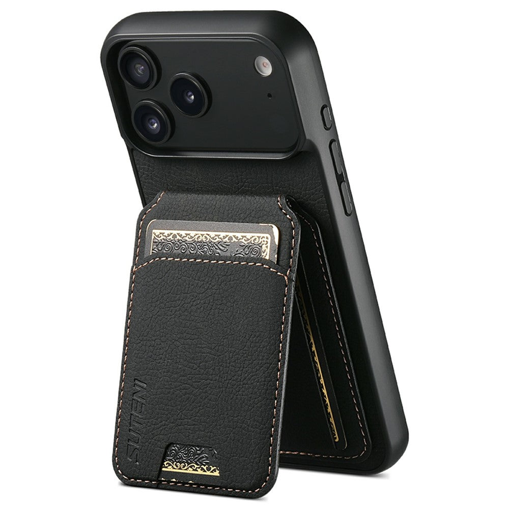 SUTENI H02 For iPhone 17 Pro Max Case Card Slots Kickstand Litchi Texture Leather + TPU Cover - Black
