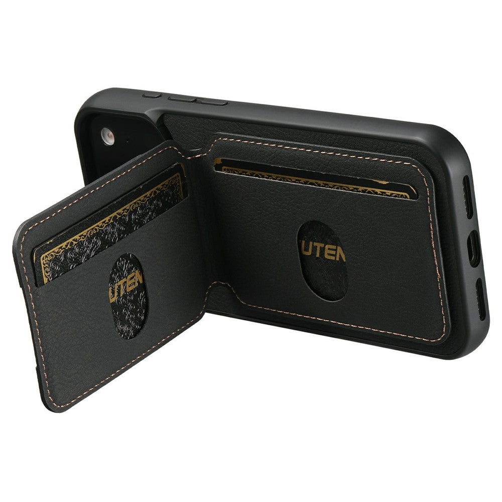 SUTENI H02 For iPhone 17 Pro Max Case Card Slots Kickstand Litchi Texture Leather + TPU Cover - Black