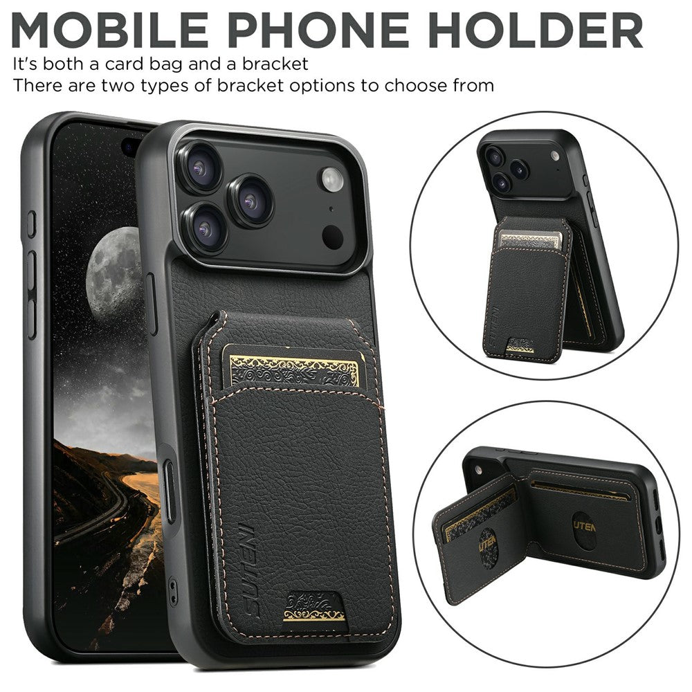 SUTENI H02 For iPhone 17 Pro Max Case Card Slots Kickstand Litchi Texture Leather + TPU Cover - Black