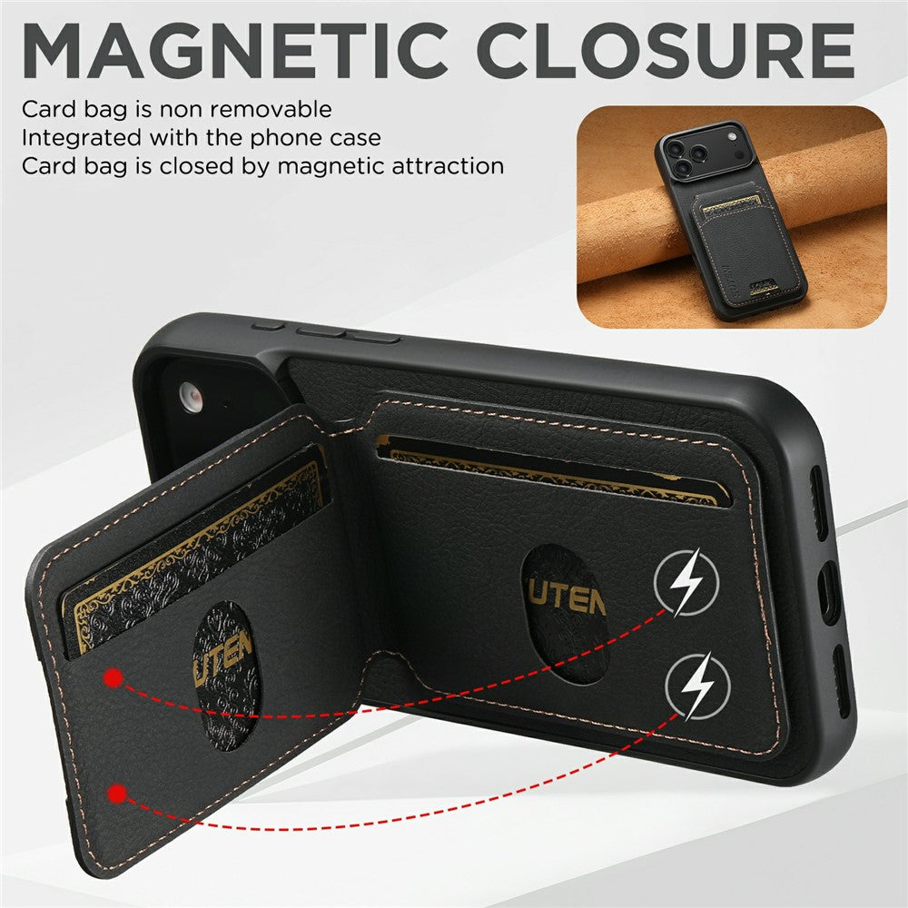 SUTENI H02 For iPhone 17 Pro Max Case Card Slots Kickstand Litchi Texture Leather + TPU Cover - Black