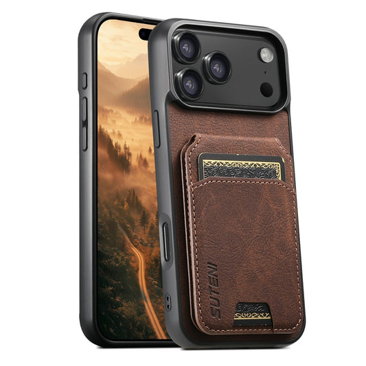 SUTENI H02 For iPhone 17 Pro Max Case Card Slots Kickstand Litchi Texture Leather + TPU Cover - Brown