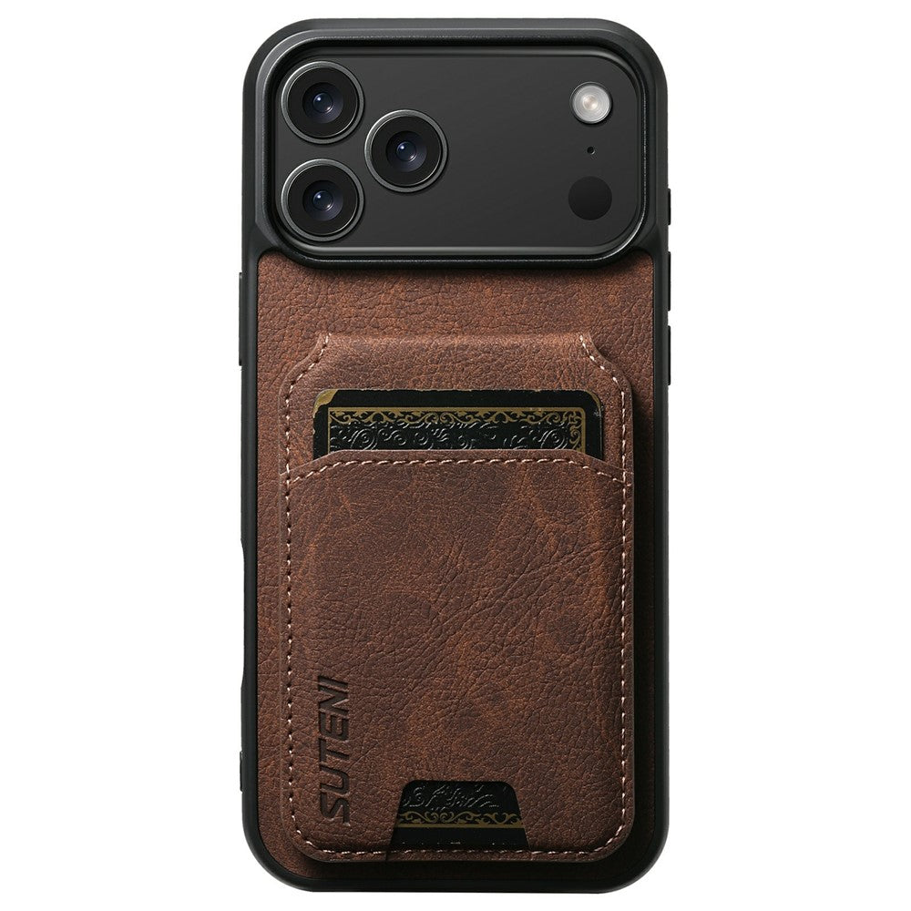 SUTENI H02 For iPhone 17 Pro Max Case Card Slots Kickstand Litchi Texture Leather + TPU Cover - Brown