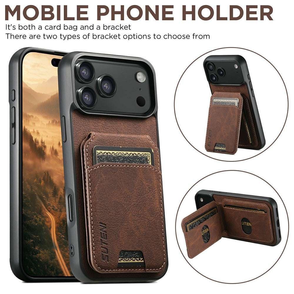 SUTENI H02 For iPhone 17 Pro Max Case Card Slots Kickstand Litchi Texture Leather + TPU Cover - Brown