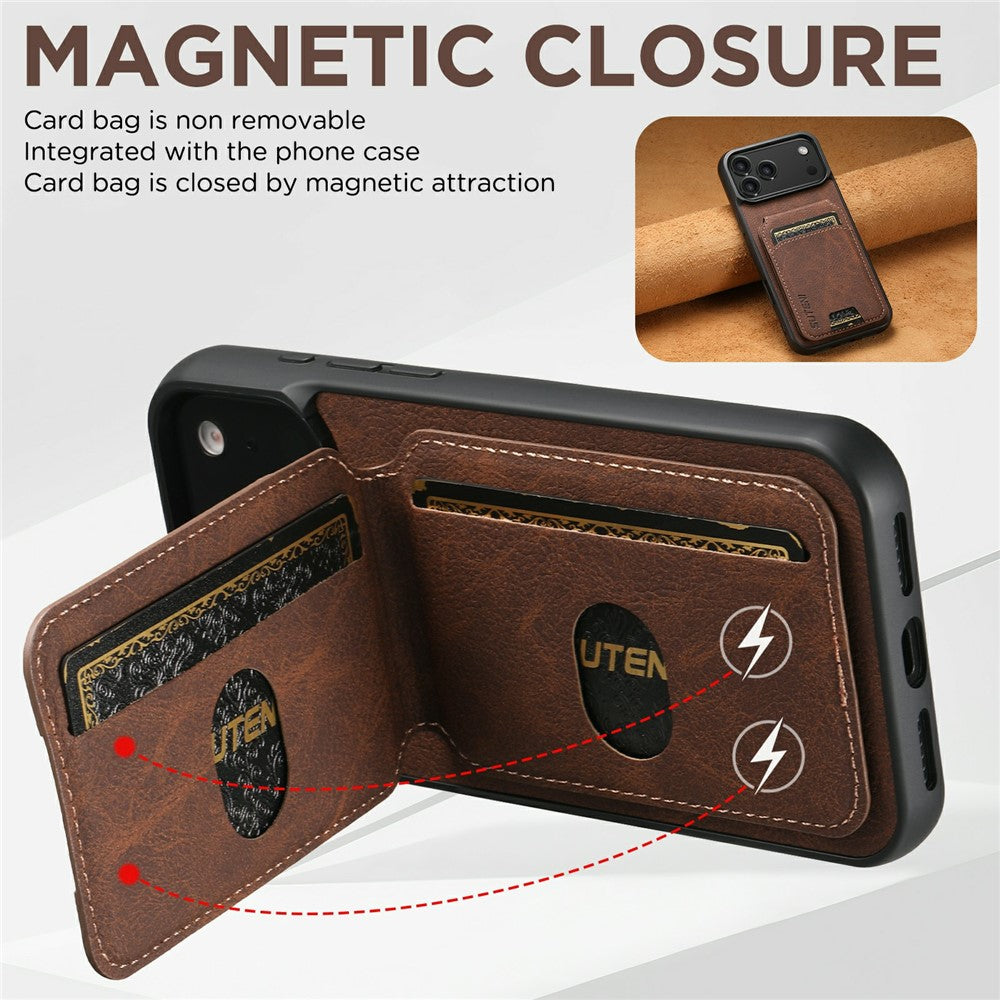 SUTENI H02 For iPhone 17 Pro Max Case Card Slots Kickstand Litchi Texture Leather + TPU Cover - Brown