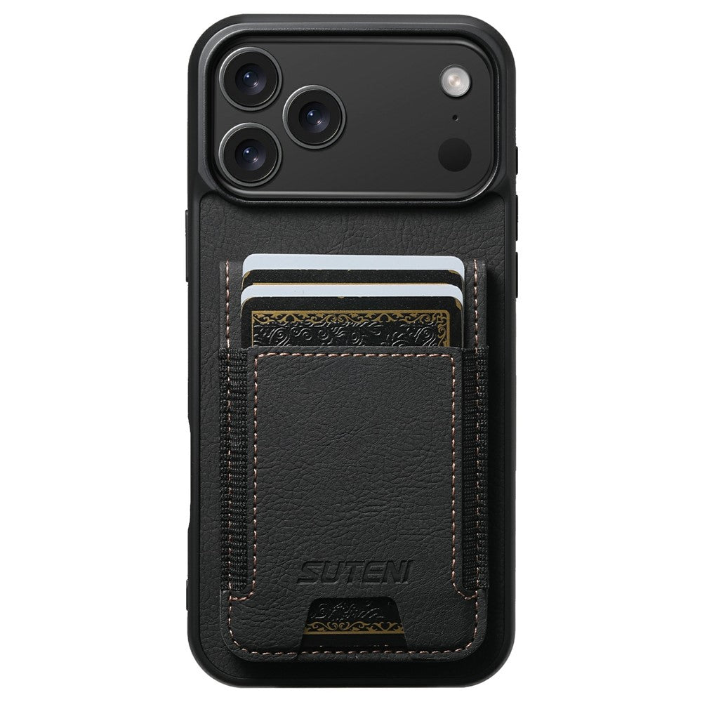 SUTENI H03 For iPhone 17 Pro Max Case Card Holder Kickstand Litchi Texture Leather + TPU Phone Cover - Black