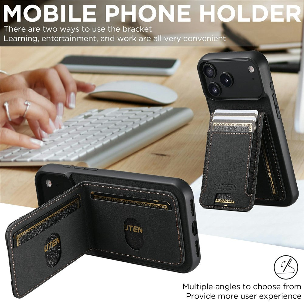 SUTENI H03 For iPhone 17 Pro Max Case Card Holder Kickstand Litchi Texture Leather + TPU Phone Cover - Black