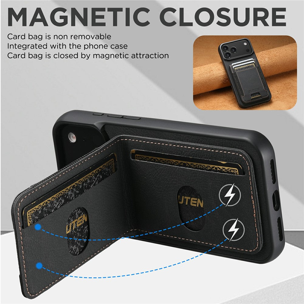 SUTENI H03 For iPhone 17 Pro Max Case Card Holder Kickstand Litchi Texture Leather + TPU Phone Cover - Black