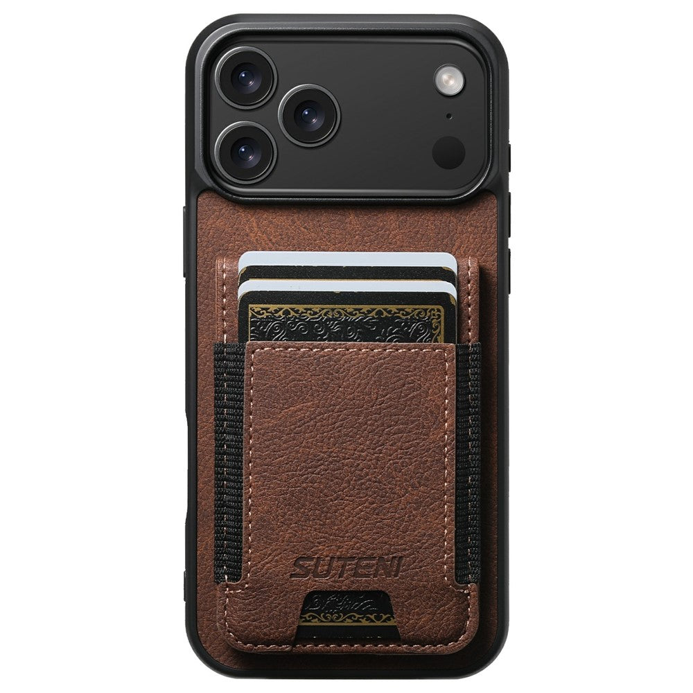 SUTENI H03 For iPhone 17 Pro Max Case Card Holder Kickstand Litchi Texture Leather + TPU Phone Cover - Brown