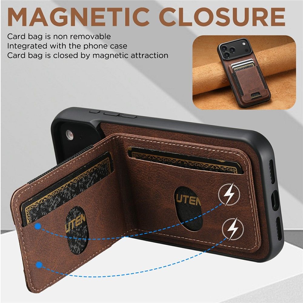 SUTENI H03 For iPhone 17 Pro Max Case Card Holder Kickstand Litchi Texture Leather + TPU Phone Cover - Brown