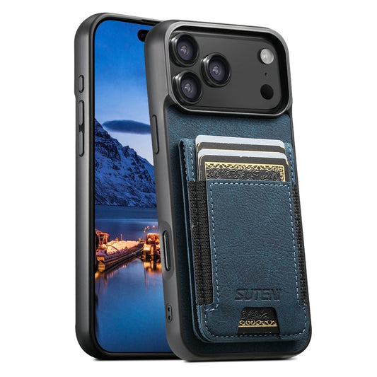 SUTENI H03 For iPhone 17 Pro Max Case Card Holder Kickstand Litchi Texture Leather + TPU Phone Cover - Blue