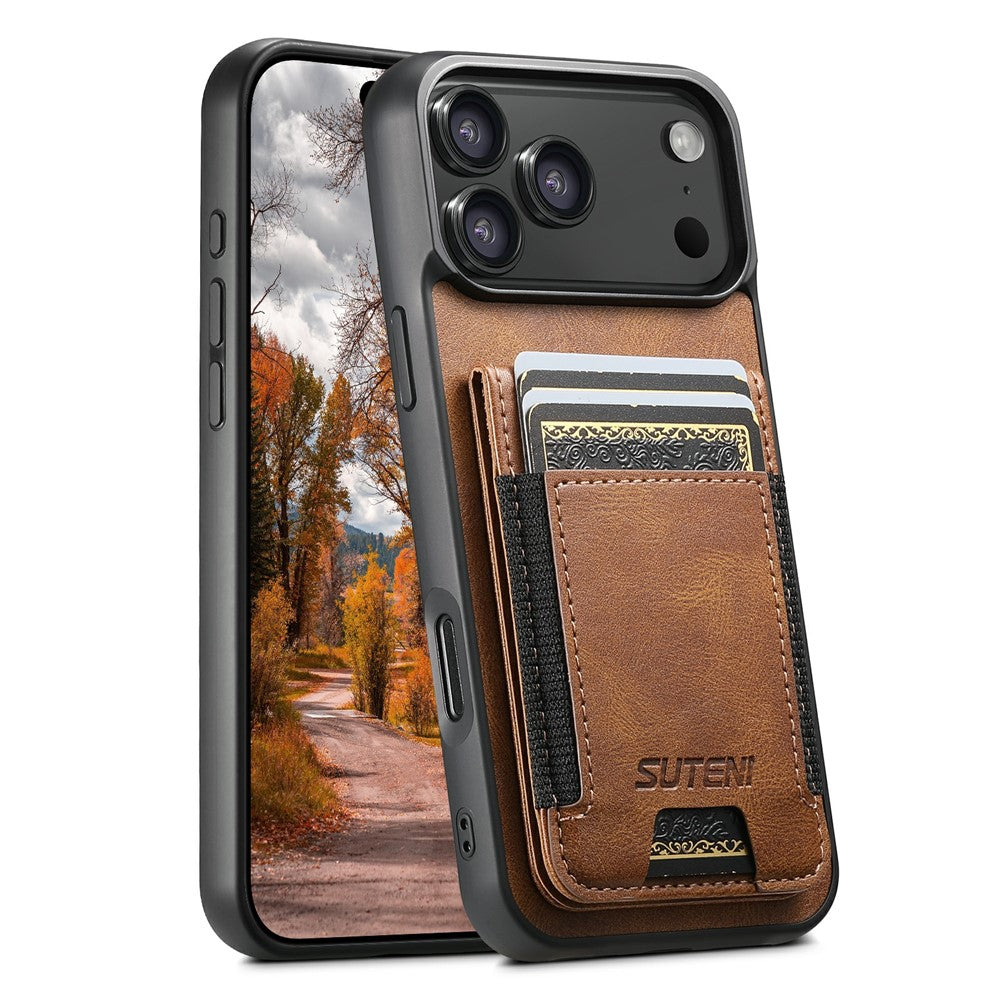 SUTENI H03 For iPhone 17 Pro Max Case Card Holder Waxy Texture Leather + TPU Phone Cover - Brown