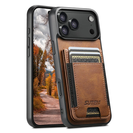 SUTENI H03 For iPhone 17 Pro Max Case Card Holder Waxy Texture Leather + TPU Phone Cover - Brown