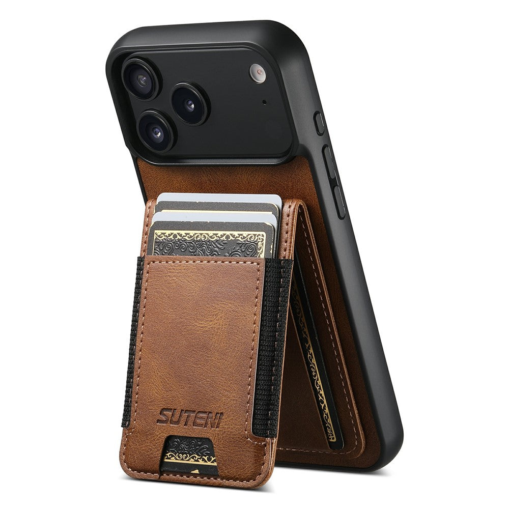 SUTENI H03 For iPhone 17 Pro Max Case Card Holder Waxy Texture Leather + TPU Phone Cover - Brown