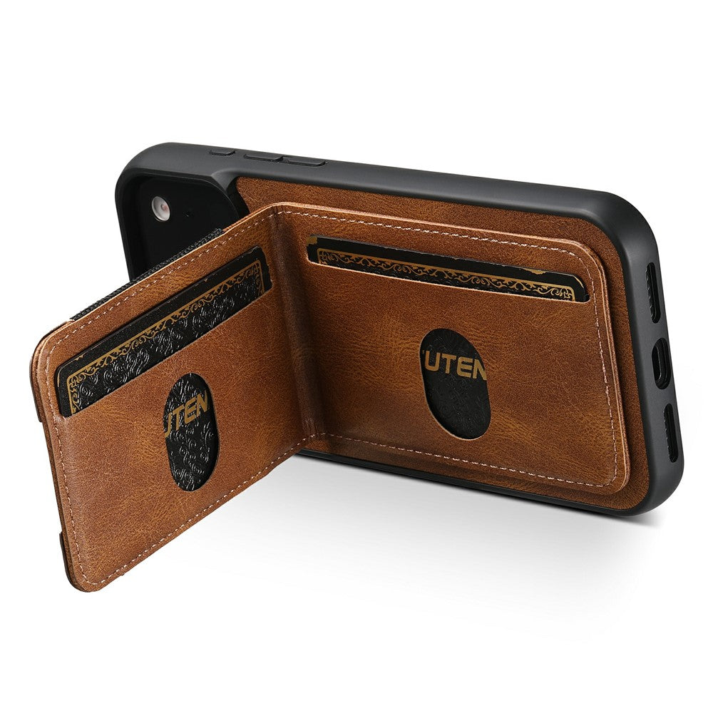 SUTENI H03 For iPhone 17 Pro Max Case Card Holder Waxy Texture Leather + TPU Phone Cover - Brown