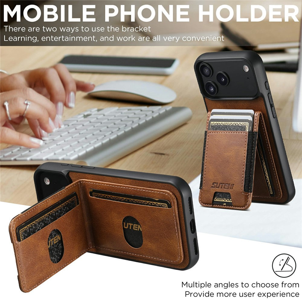 SUTENI H03 For iPhone 17 Pro Max Case Card Holder Waxy Texture Leather + TPU Phone Cover - Brown