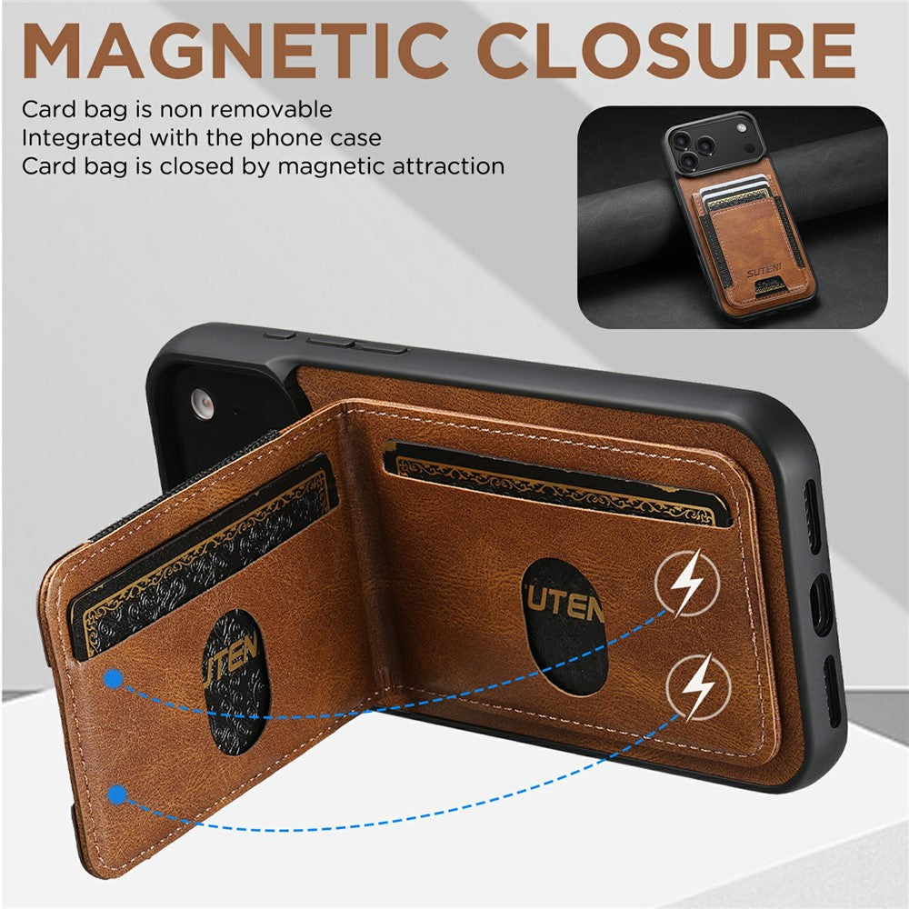 SUTENI H03 For iPhone 17 Pro Max Case Card Holder Waxy Texture Leather + TPU Phone Cover - Brown