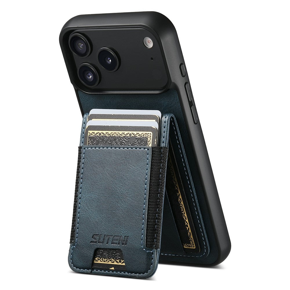 SUTENI H03 For iPhone 17 Pro Max Case Card Holder Waxy Texture Leather + TPU Phone Cover - Blue
