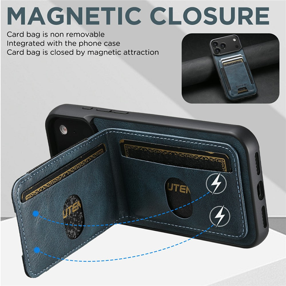 SUTENI H03 For iPhone 17 Pro Max Case Card Holder Waxy Texture Leather + TPU Phone Cover - Blue