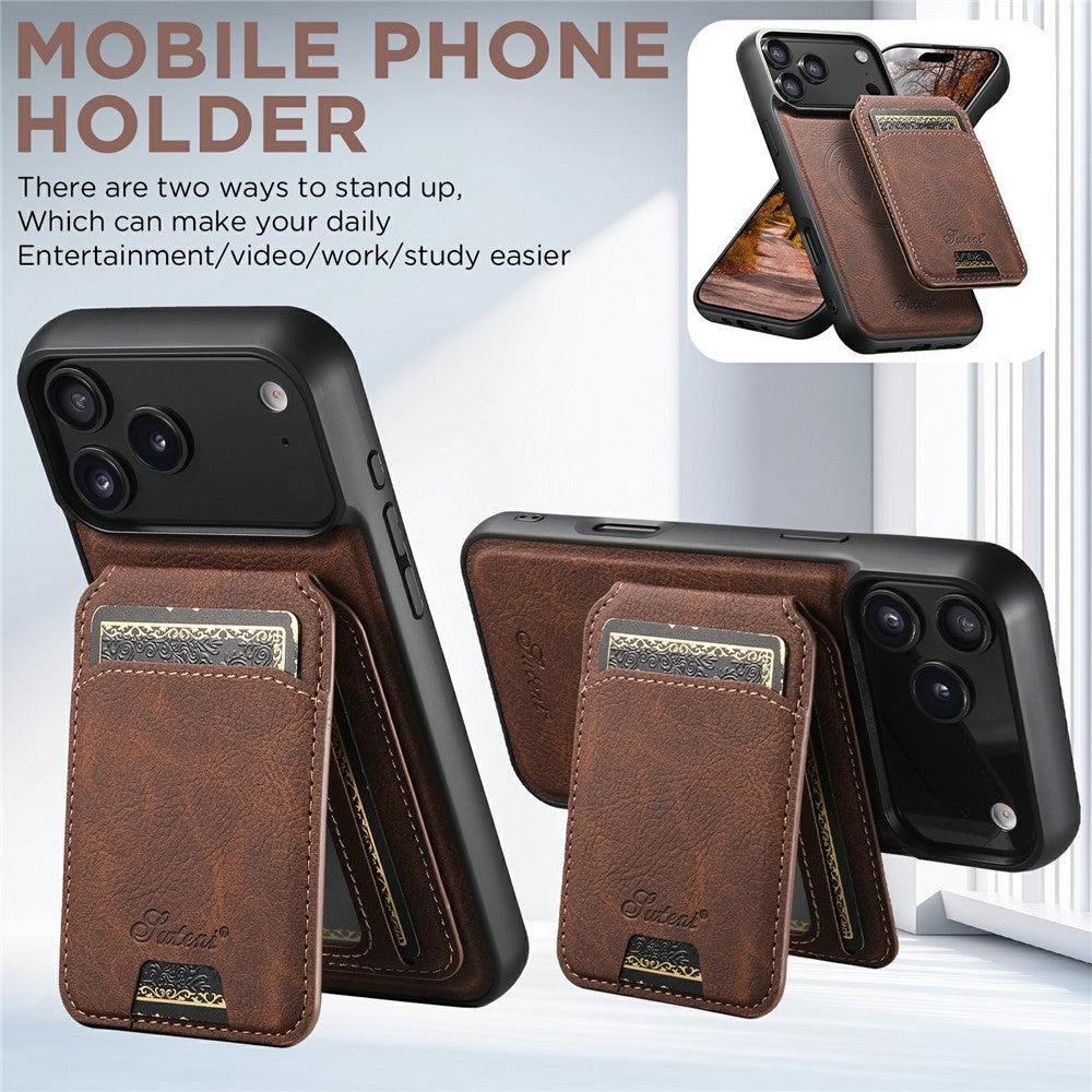 SUTENI H16 For iPhone 17 Pro Max Case Compatible with MagSafe Kickstand Phone Cover Detachable Card Holder - Brown