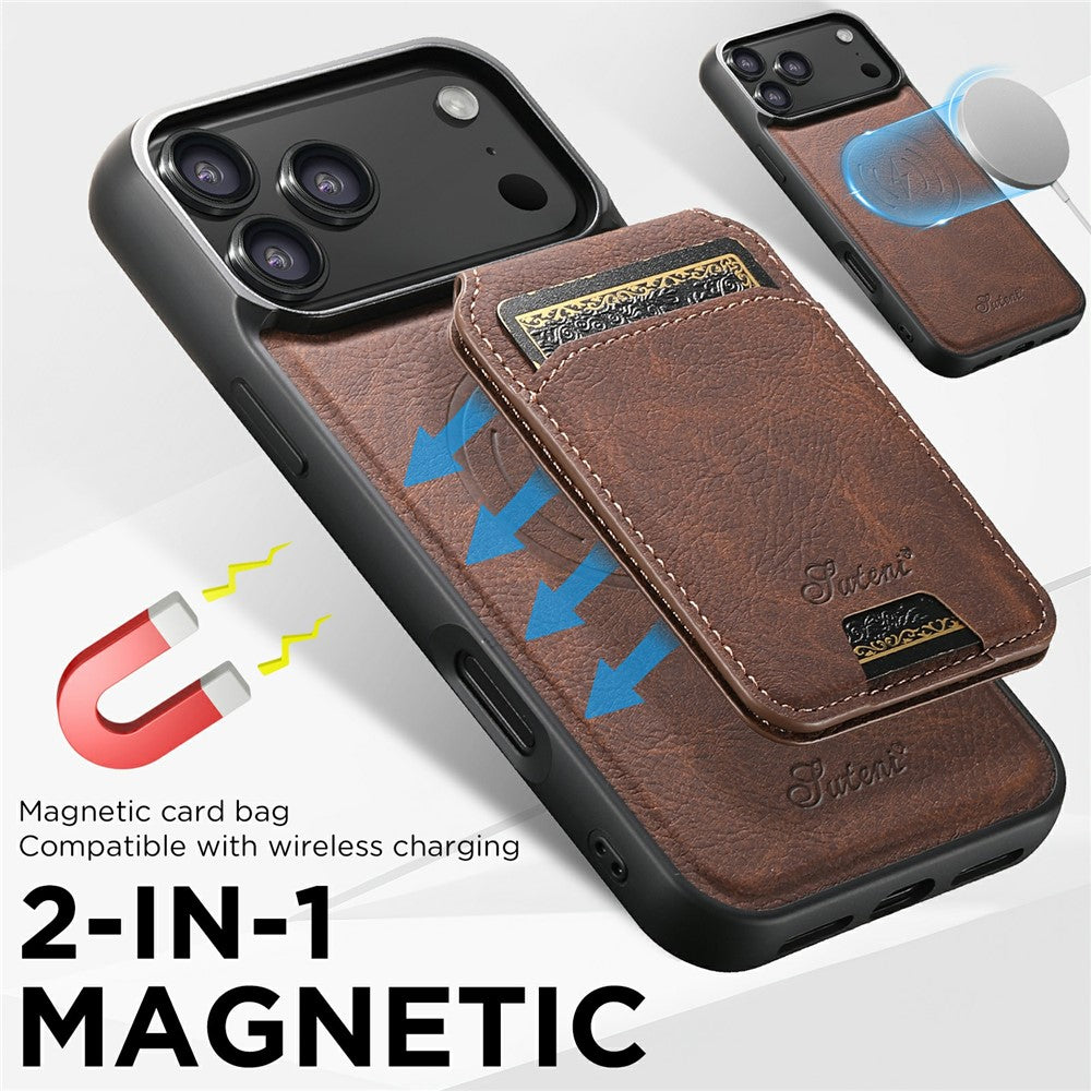 SUTENI H16 For iPhone 17 Pro Max Case Compatible with MagSafe Kickstand Phone Cover Detachable Card Holder - Brown