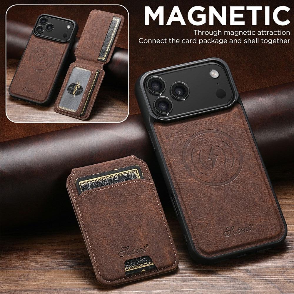 SUTENI H16 For iPhone 17 Pro Max Case Compatible with MagSafe Kickstand Phone Cover Detachable Card Holder - Brown