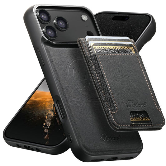 SUTENI H17 For iPhone 17 Pro Max Magnetic Case Card Slots Leather + TPU Kickstand Phone Cover - Black
