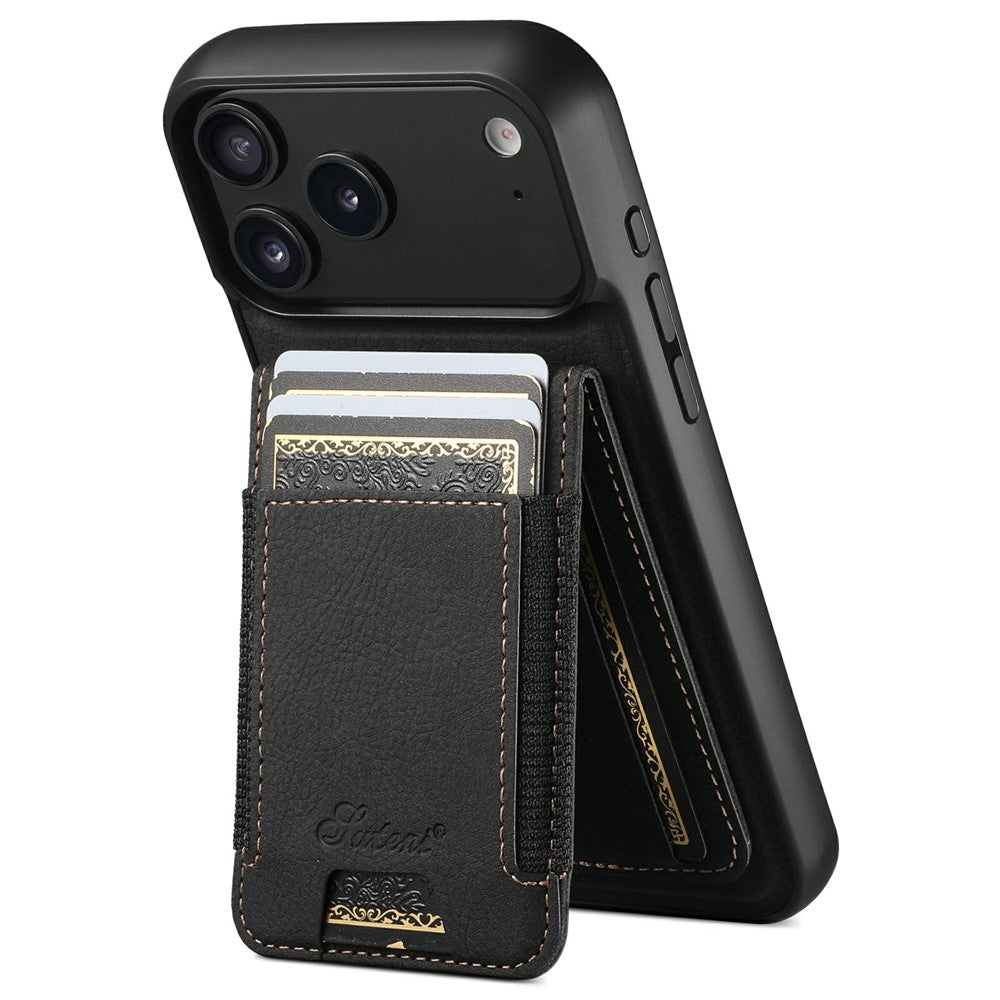 SUTENI H17 For iPhone 17 Pro Max Magnetic Case Card Slots Leather + TPU Kickstand Phone Cover - Black