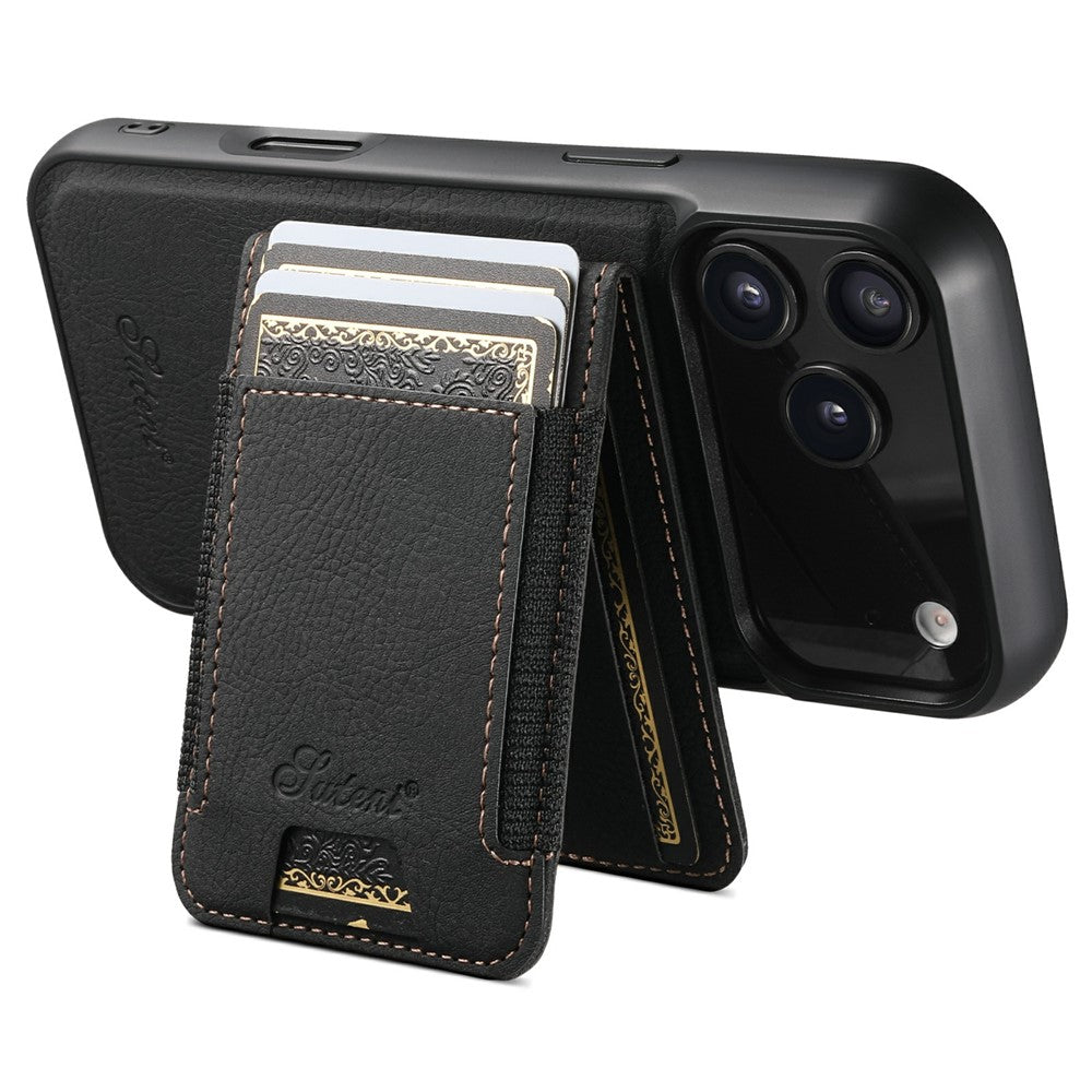 SUTENI H17 For iPhone 17 Pro Max Magnetic Case Card Slots Leather + TPU Kickstand Phone Cover - Black