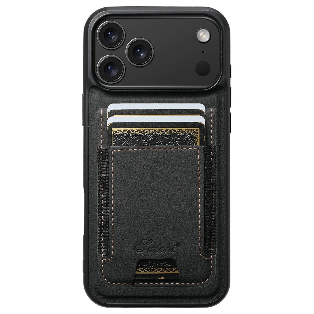 SUTENI H17 For iPhone 17 Pro Max Magnetic Case Card Slots Leather + TPU Kickstand Phone Cover - Black