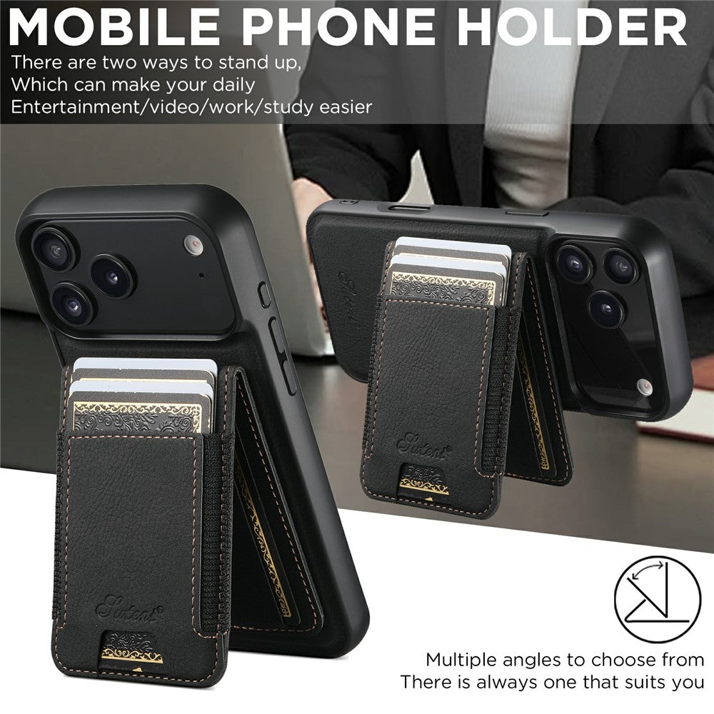 SUTENI H17 For iPhone 17 Pro Max Magnetic Case Card Slots Leather + TPU Kickstand Phone Cover - Black