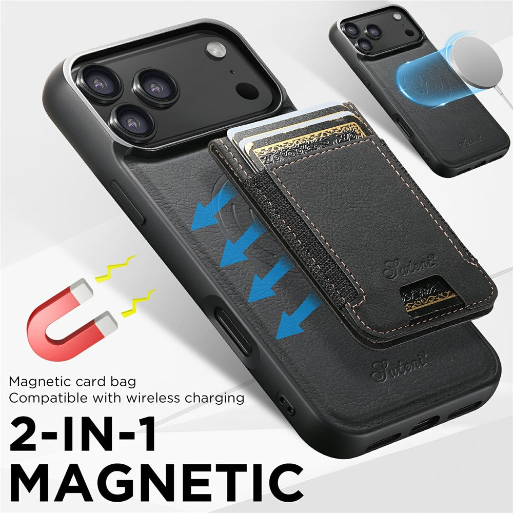SUTENI H17 For iPhone 17 Pro Max Magnetic Case Card Slots Leather + TPU Kickstand Phone Cover - Black