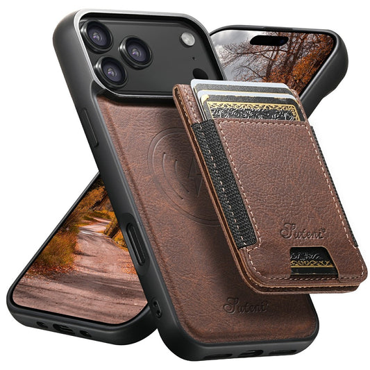 SUTENI H17 For iPhone 17 Pro Max Magnetic Case Card Slots Leather + TPU Kickstand Phone Cover - Brown
