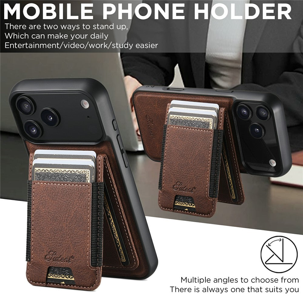 SUTENI H17 For iPhone 17 Pro Max Magnetic Case Card Slots Leather + TPU Kickstand Phone Cover - Brown