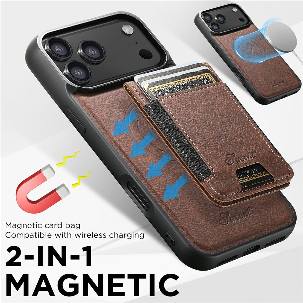 SUTENI H17 For iPhone 17 Pro Max Magnetic Case Card Slots Leather + TPU Kickstand Phone Cover - Brown