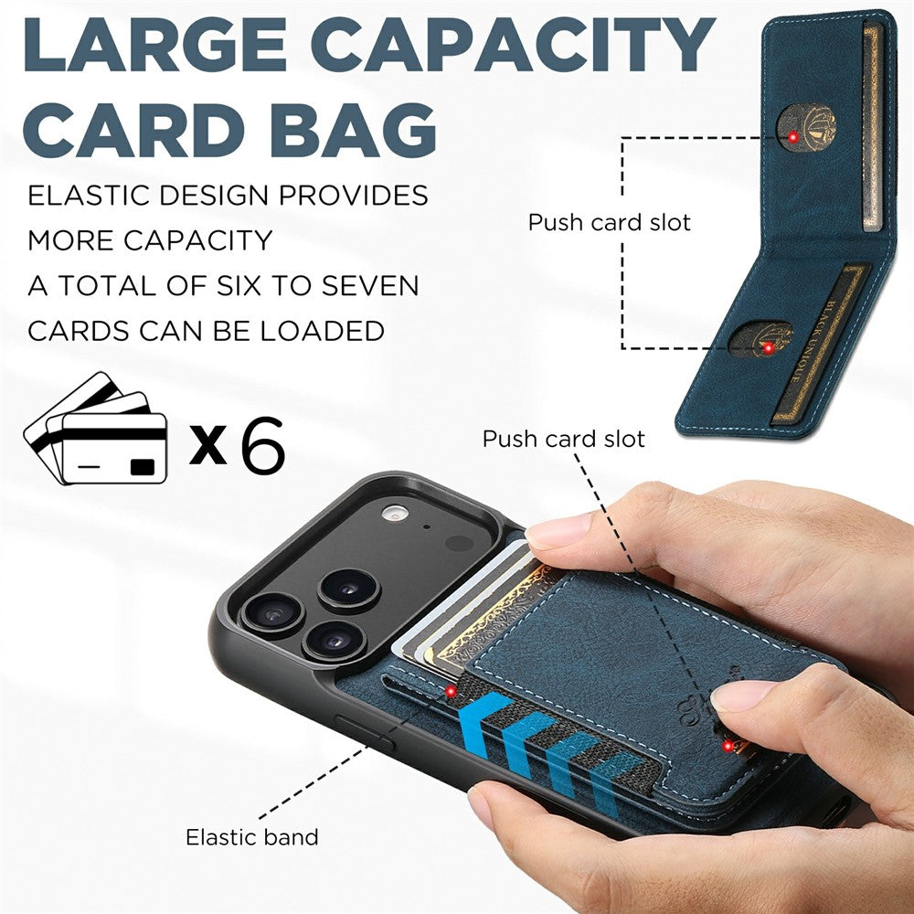 SUTENI H17 For iPhone 17 Pro Max Magnetic Case Card Slots Leather + TPU Kickstand Phone Cover - Blue