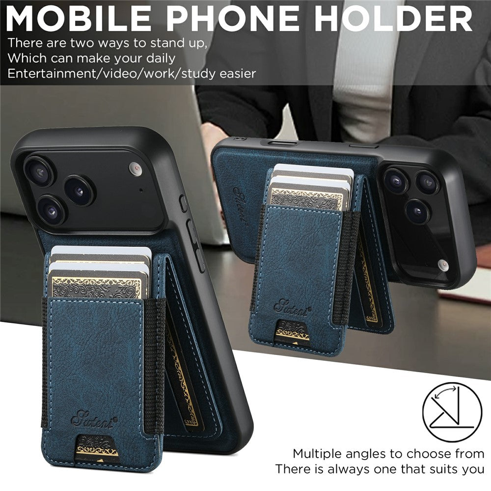 SUTENI H17 For iPhone 17 Pro Max Magnetic Case Card Slots Leather + TPU Kickstand Phone Cover - Blue