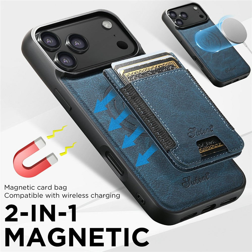 SUTENI H17 For iPhone 17 Pro Max Magnetic Case Card Slots Leather + TPU Kickstand Phone Cover - Blue