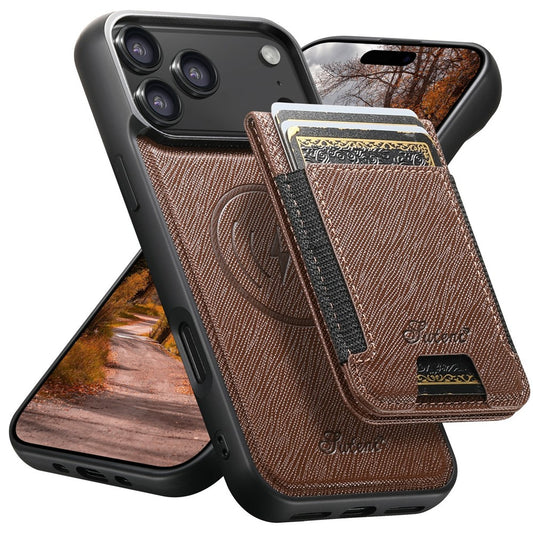 SUTENI H17 For iPhone 17 Pro Max Magnetic Case Cross Texture Leather Phone Back Cover with Detachable Card Bag - Brown