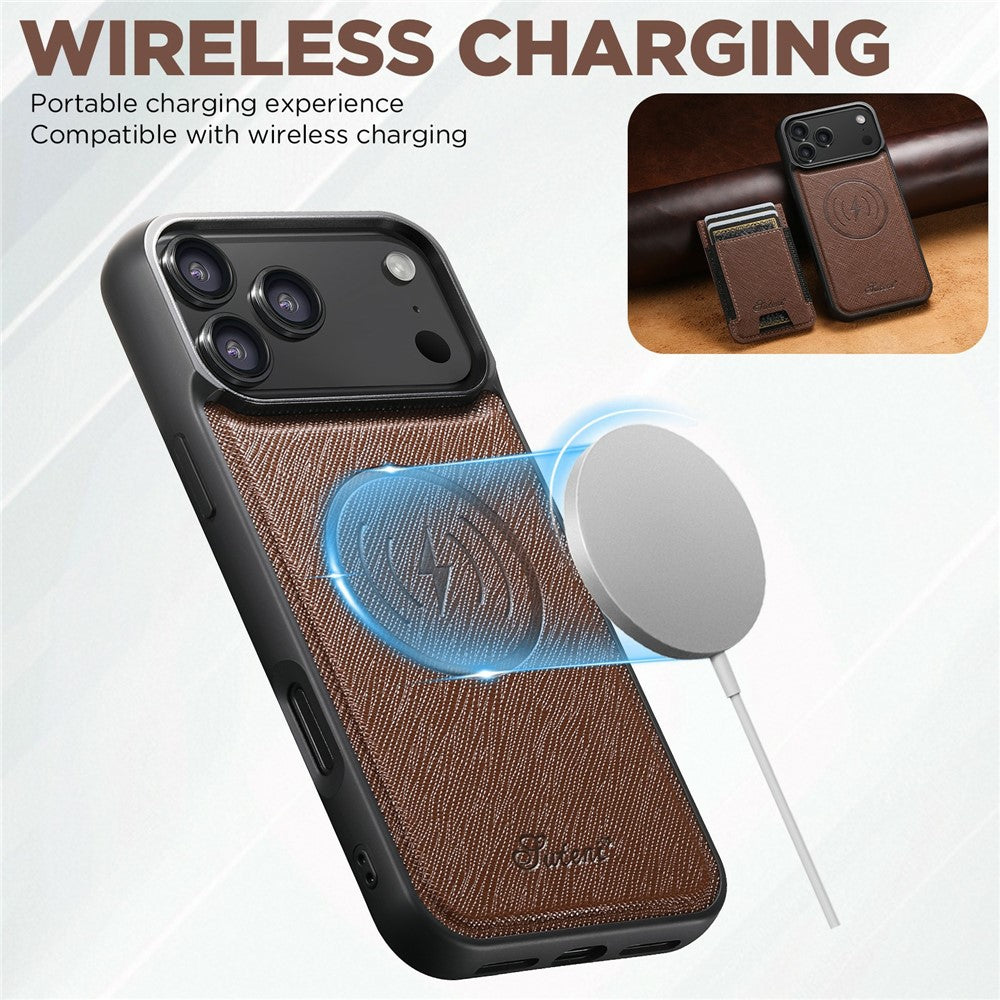 SUTENI H17 For iPhone 17 Pro Max Magnetic Case Cross Texture Leather Phone Back Cover with Detachable Card Bag - Brown