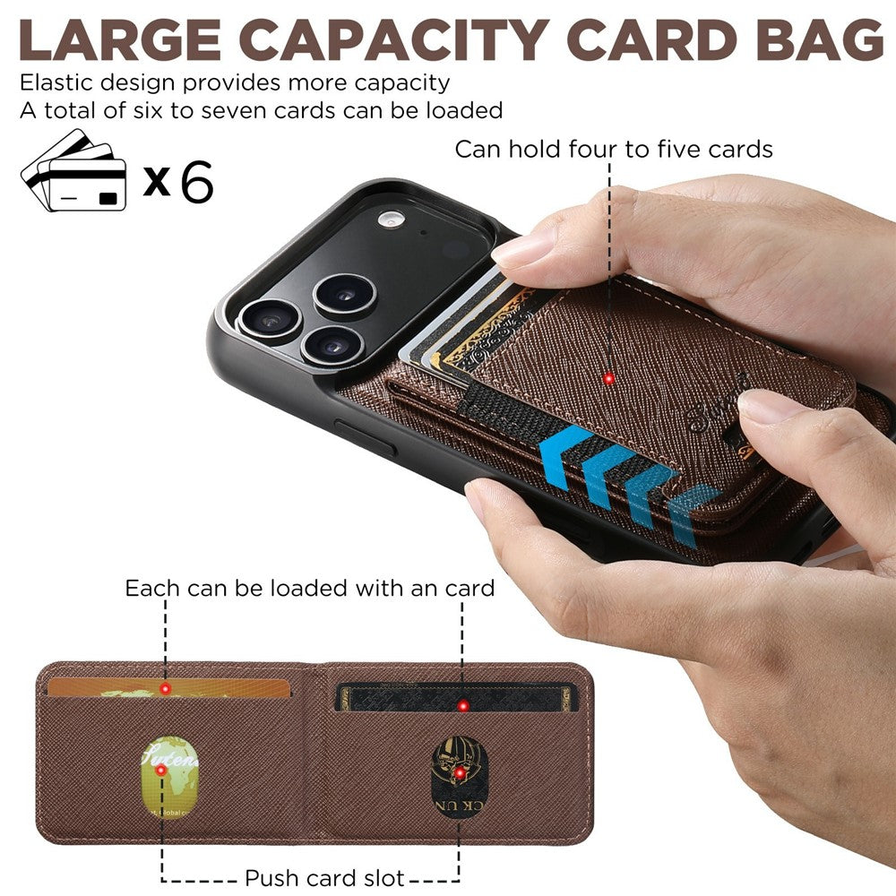 SUTENI H17 For iPhone 17 Pro Max Magnetic Case Cross Texture Leather Phone Back Cover with Detachable Card Bag - Brown