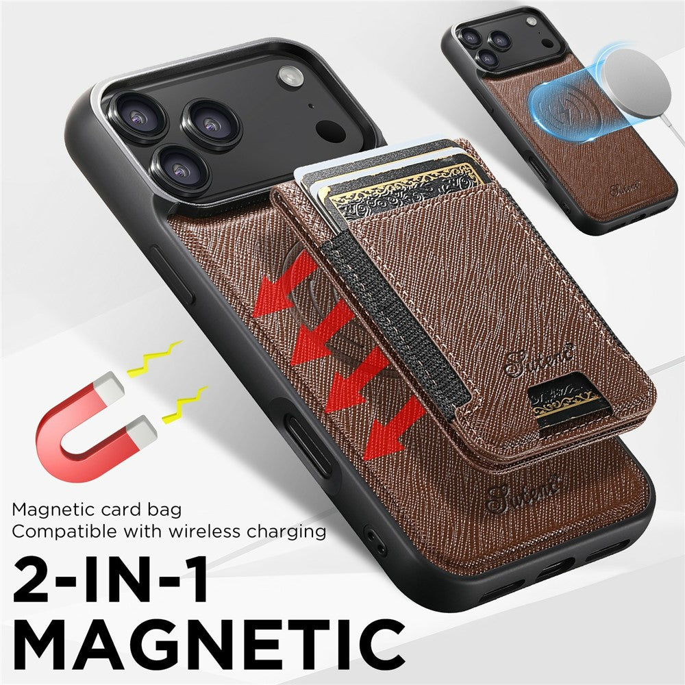 SUTENI H17 For iPhone 17 Pro Max Magnetic Case Cross Texture Leather Phone Back Cover with Detachable Card Bag - Brown